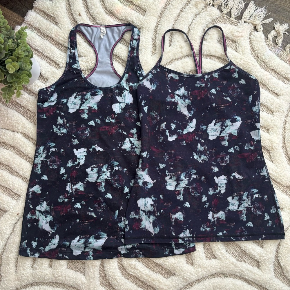 Lululemon Blue Red Static Blossom Multi Cool Racerback & Power Y Tanks Womens 12